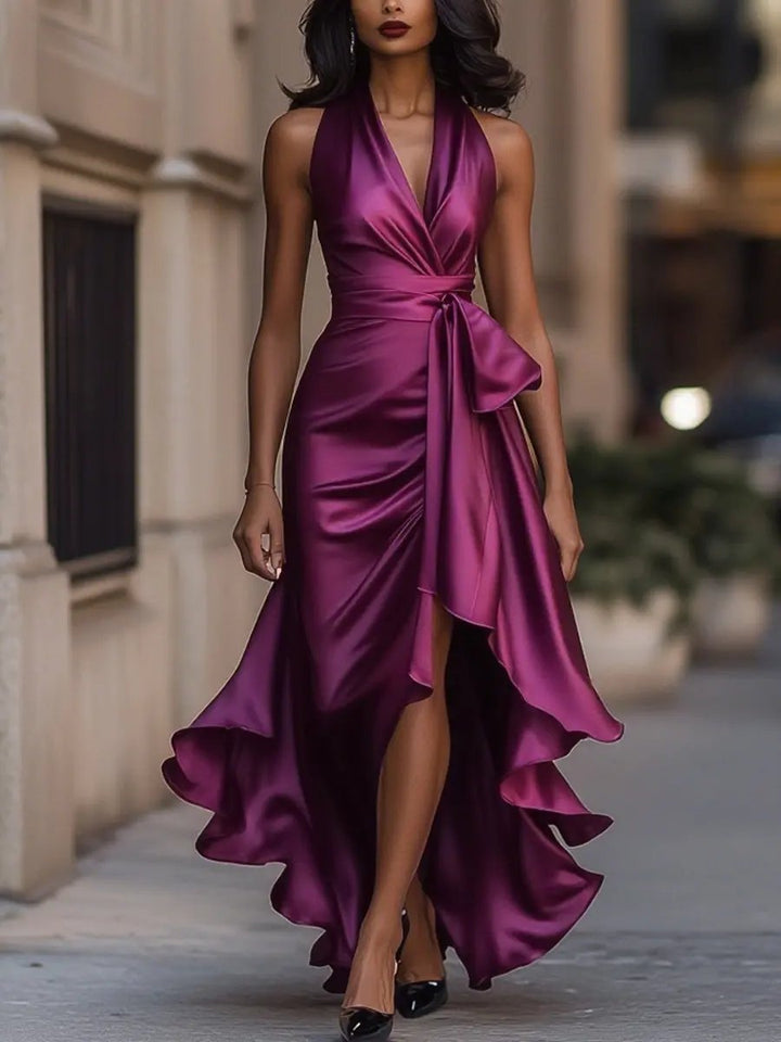 Damen Satin Cocktailparty-Kleid Halterneck Wickelschnitt High-Low-Saum - Fuchsia