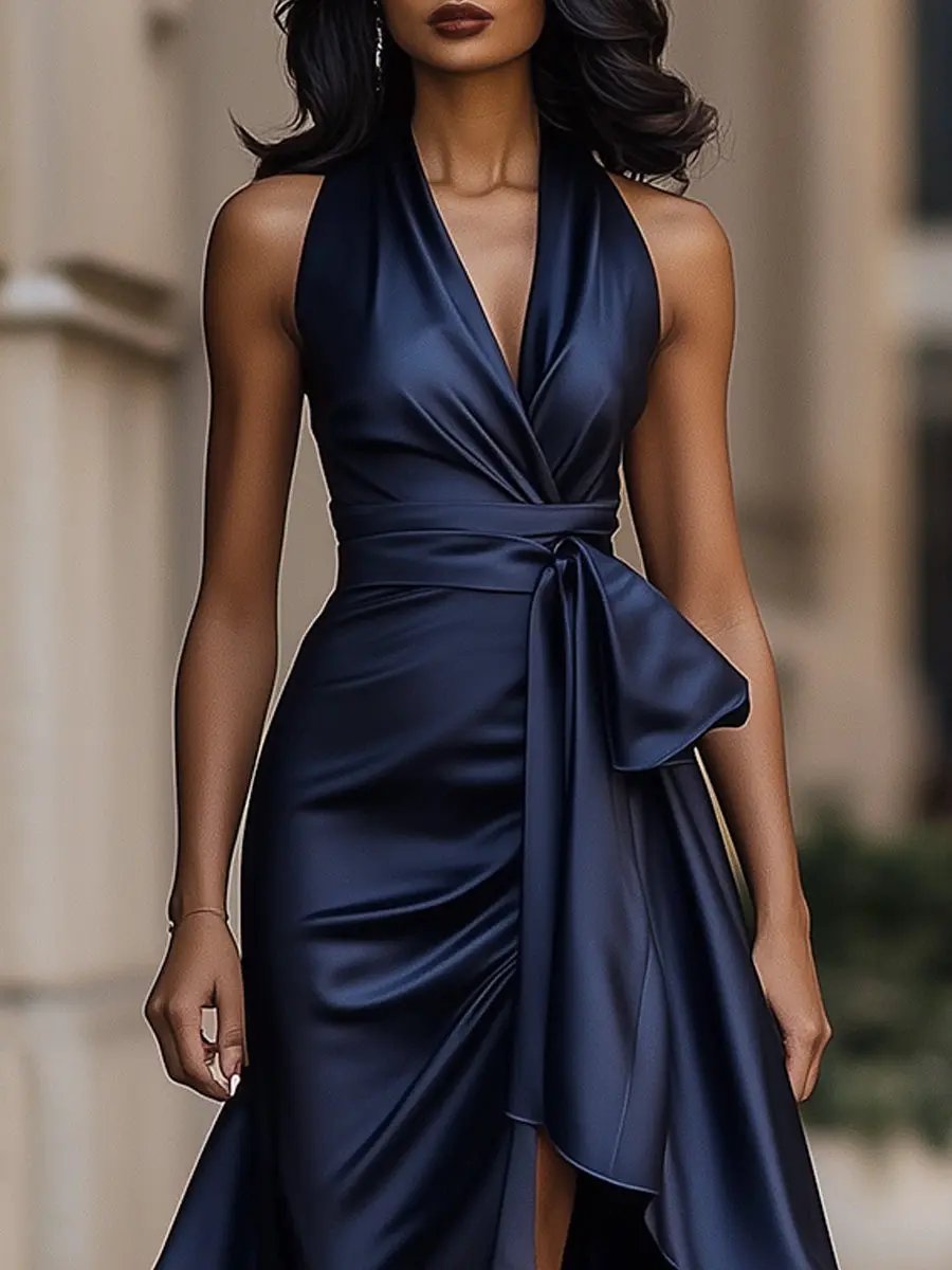 Damen Satin Cocktailparty-Kleid Halterneck Wickelschnitt High-Low-Saum