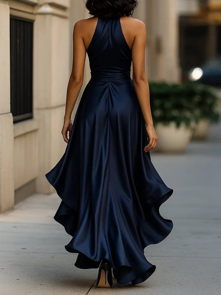 Damen Satin Cocktailparty-Kleid Halterneck Wickelschnitt High-Low-Saum