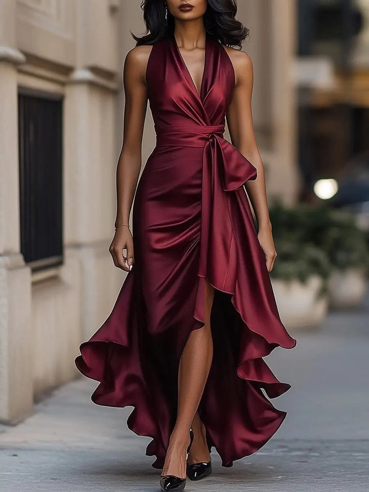 Damen Satin Cocktailparty-Kleid Halterneck Wickelschnitt High-Low-Saum - Burgunder