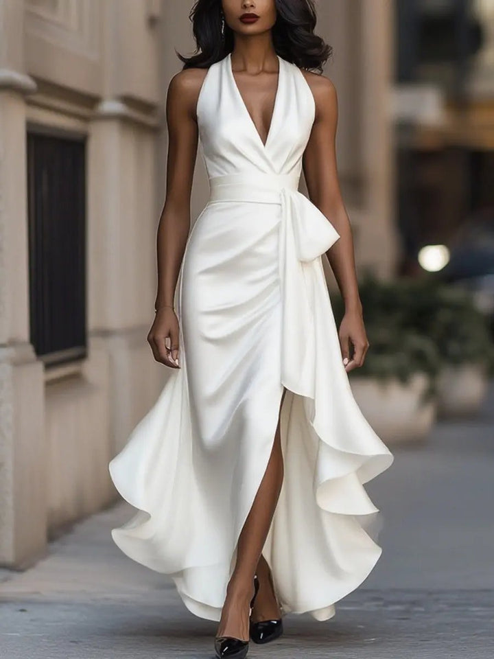 Damen Satin Cocktailparty-Kleid Halterneck Wickelschnitt High-Low-Saum - Weiß