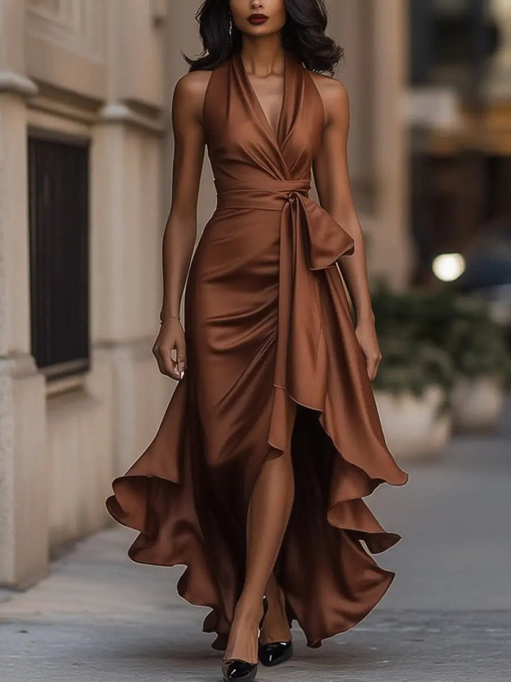 Damen Satin Cocktailparty-Kleid Halterneck Wickelschnitt High-Low-Saum - Braun