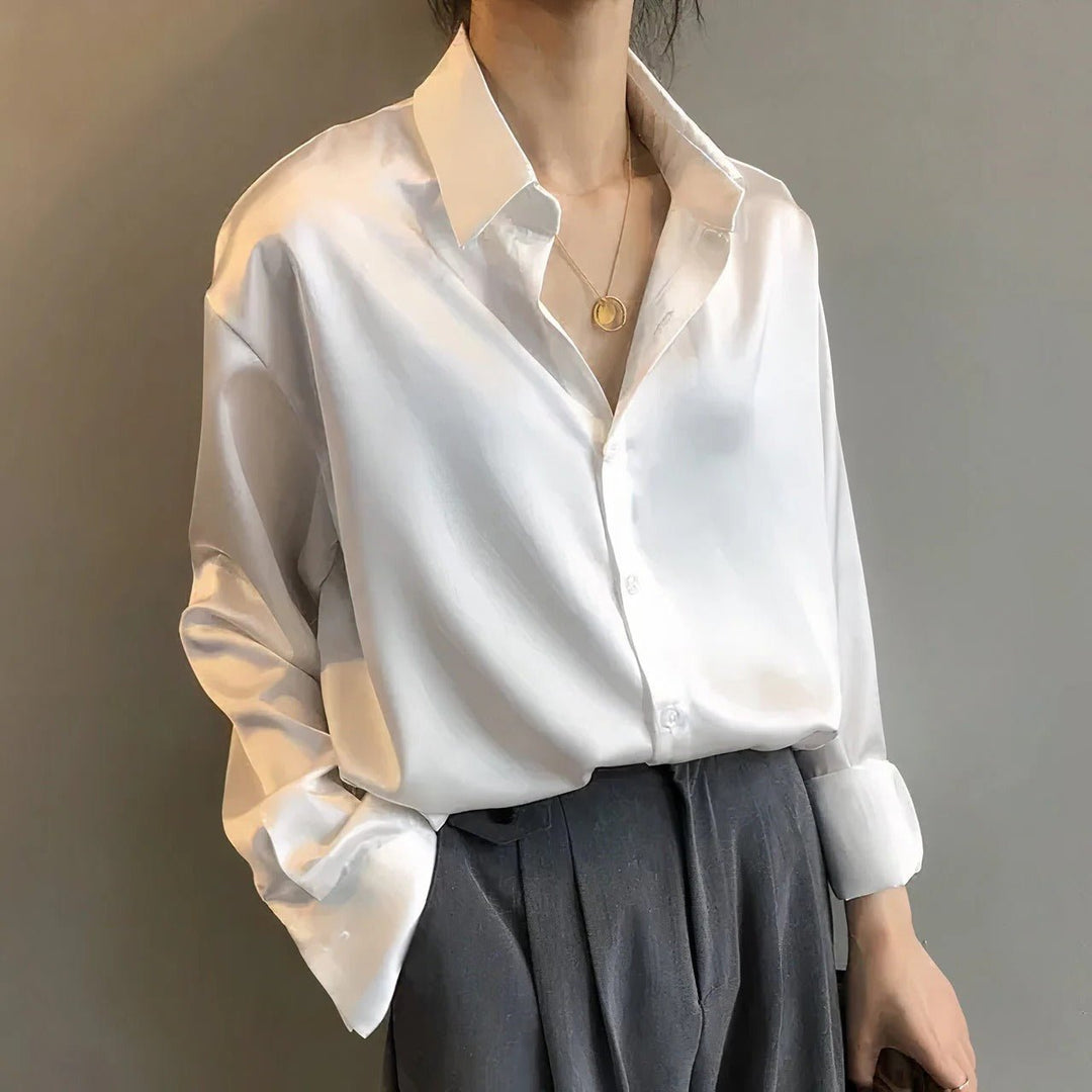 Damen Satin Langarm Business Bluse mit Knopfleiste - White