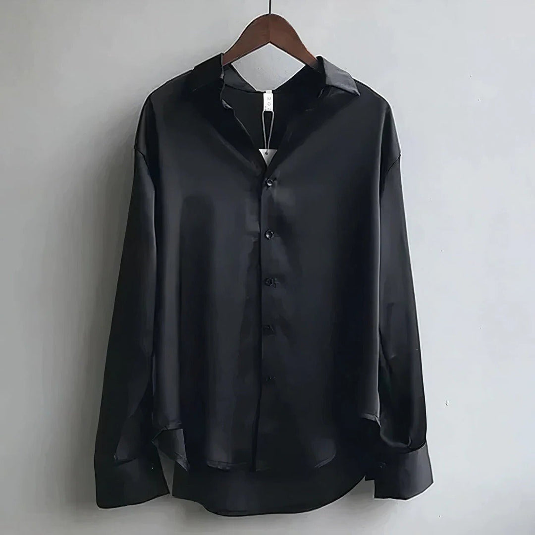 Damen Satin Langarm Business Bluse mit Knopfleiste - Black