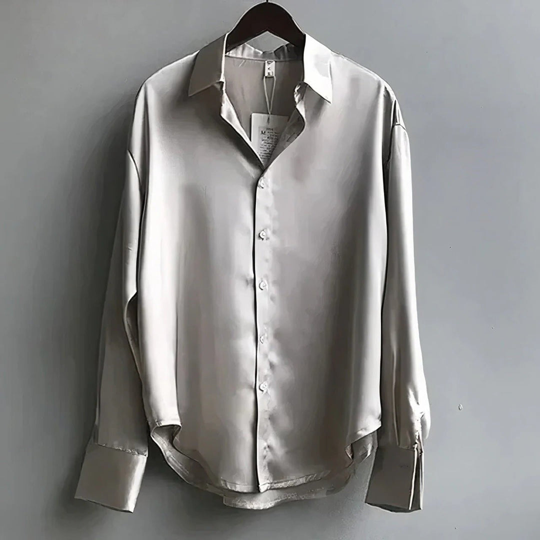 Damen Satin Langarm Business Bluse mit Knopfleiste - Gray