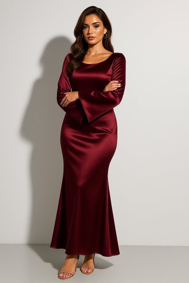 Damen Satin Langarm Meerjungfrauen Maxikleid Abendkleid - Dark Red