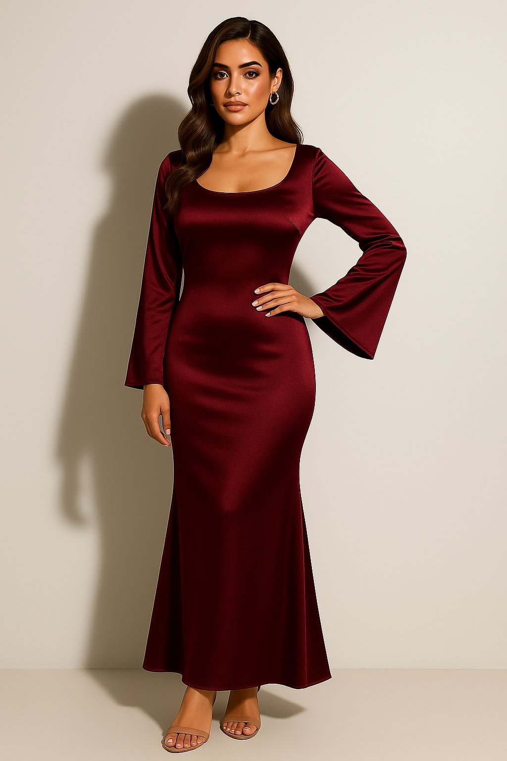 Damen Satin Langarm Meerjungfrauen Maxikleid Abendkleid