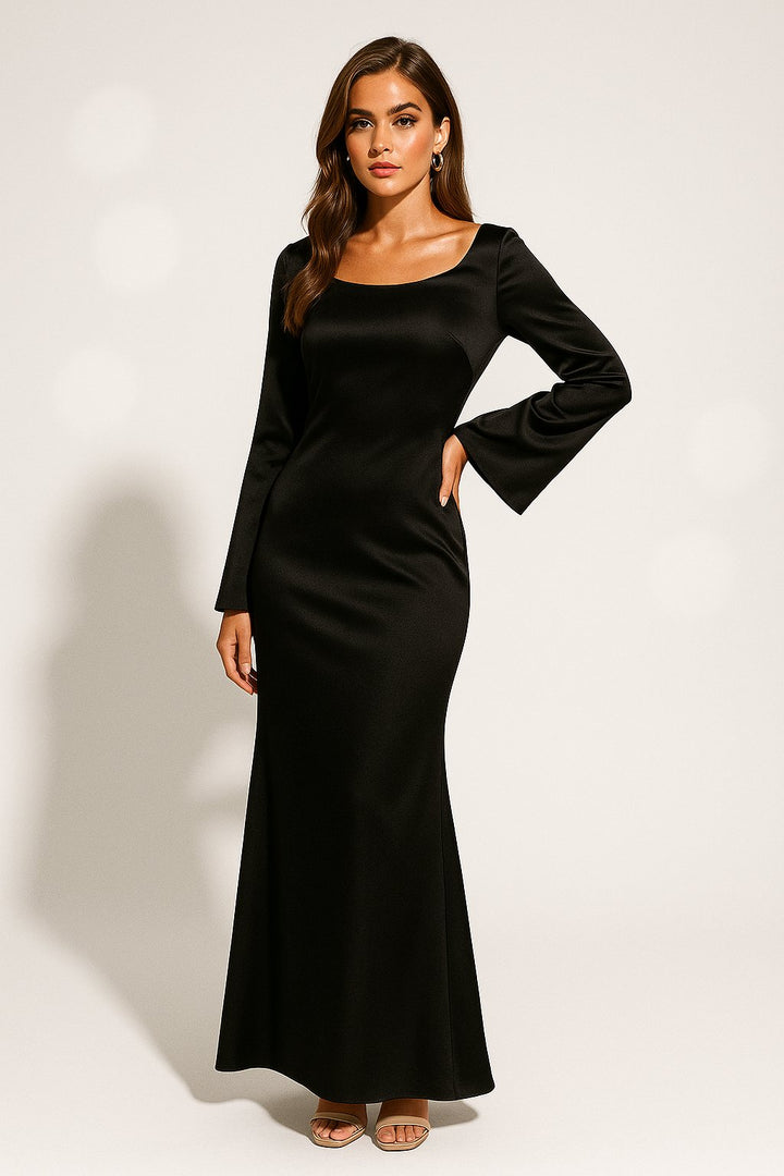 Damen Satin Langarm Meerjungfrauen Maxikleid Abendkleid - Black