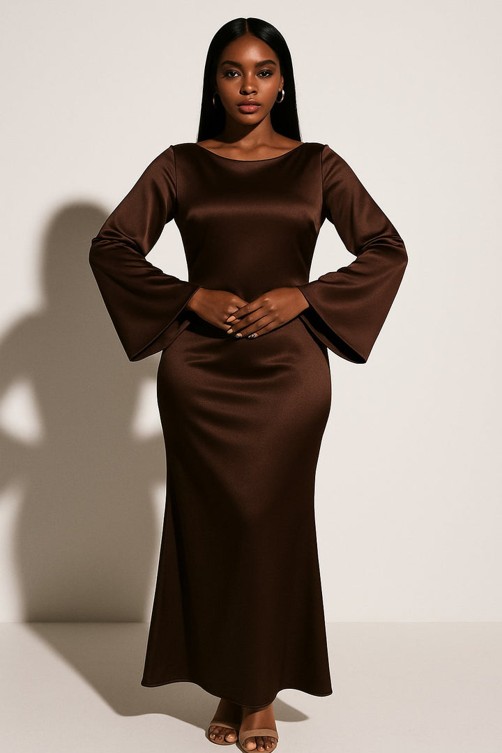 Damen Satin Langarm Meerjungfrauen Maxikleid Abendkleid - Dark Brown