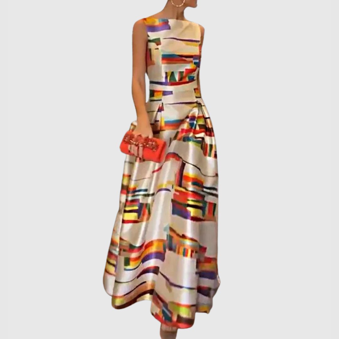 Damen Satin Maxi-Kleid Ärmellos Abstract Colorblock