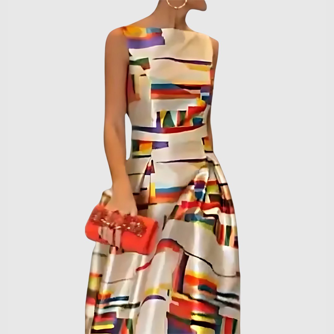 Damen Satin Maxi-Kleid Ärmellos Abstract Colorblock