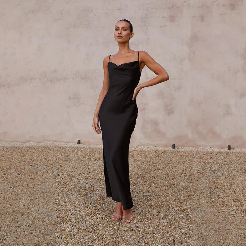 Damen Satin Maxikleid rückenfrei mit Schlitz figurbetont - Schwarz