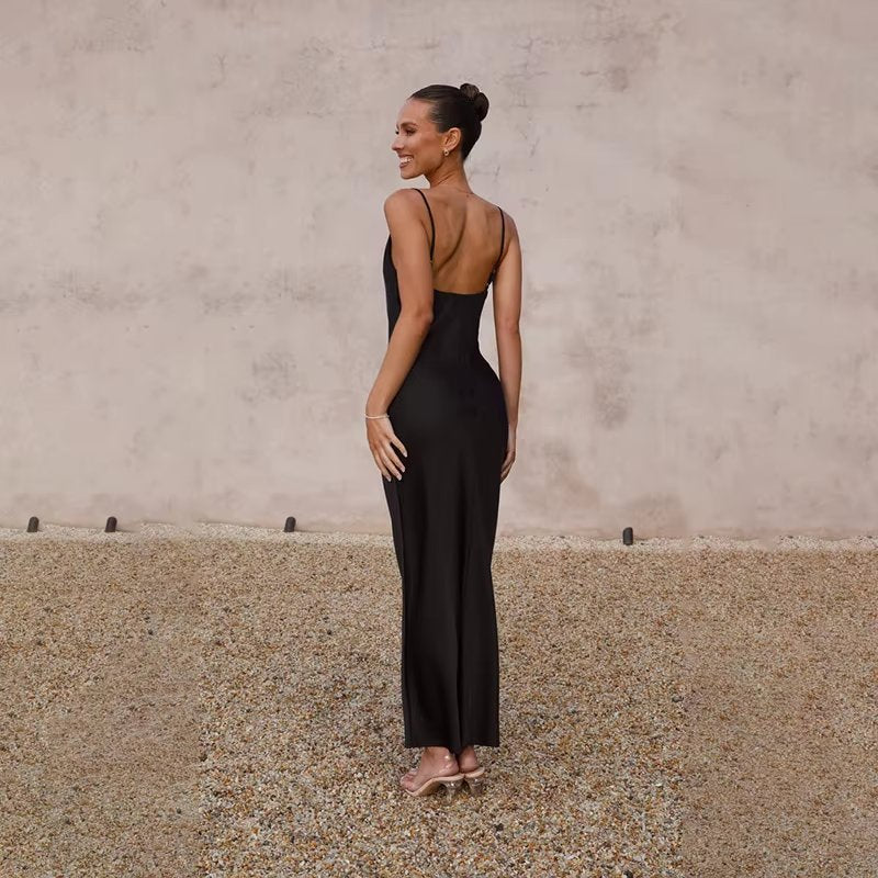 Damen Satin Maxikleid rückenfrei mit Schlitz figurbetont