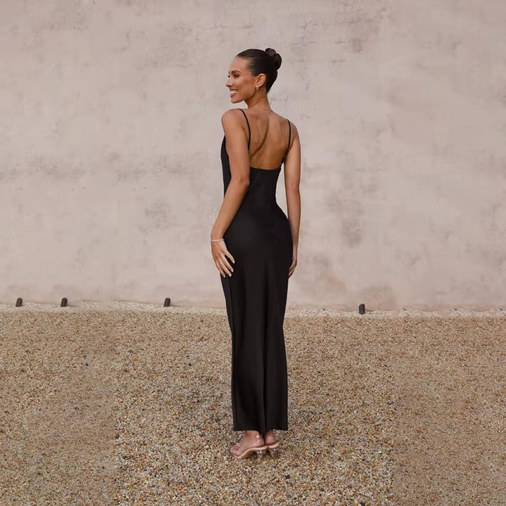 Damen Satin Maxikleid rückenfrei mit Schlitz figurbetont