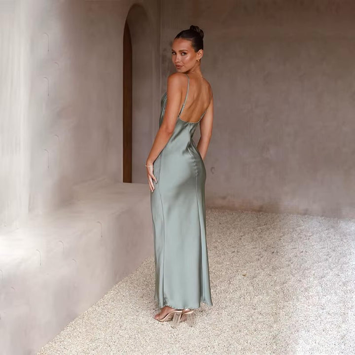 Damen Satin Maxikleid rückenfrei mit Schlitz figurbetont