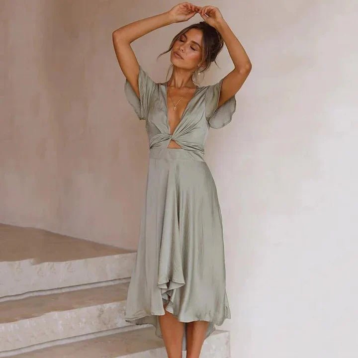 Damen Satin Midi-Kleid V-Ausschnitt Flatterärmel Asymmetrisch - Olive