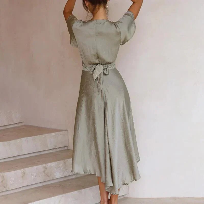 Damen Satin Midi-Kleid V-Ausschnitt Flatterärmel Asymmetrisch