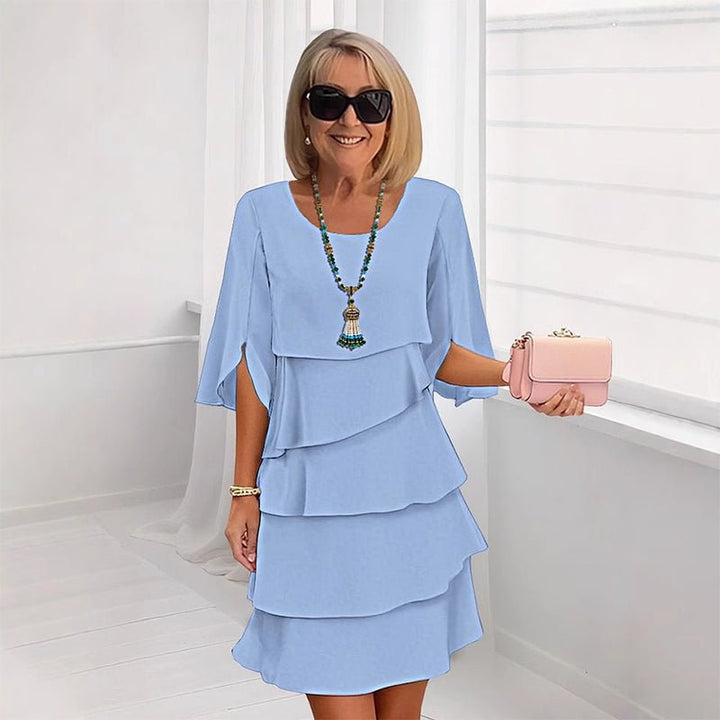 Damen Schichtkleid Puffärmel Rüschen Elegant Midi - Blau