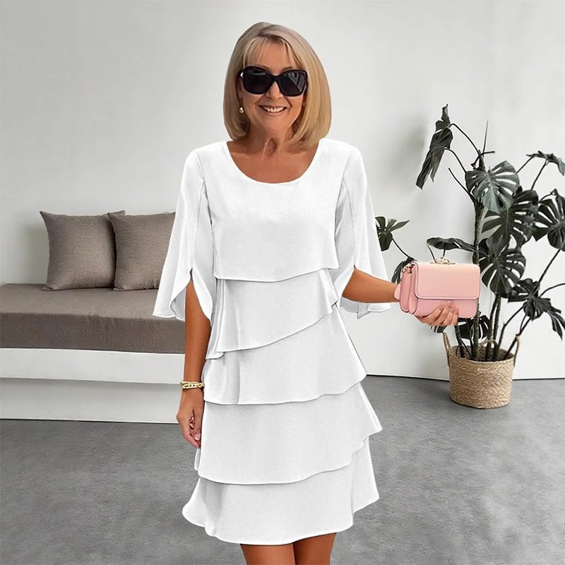 Damen Schichtkleid Puffärmel Rüschen Elegant Midi - Weiß