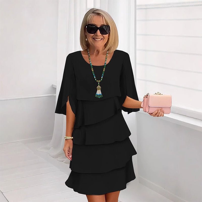 Damen Schichtkleid Puffärmel Rüschen Elegant Midi - Schwarz