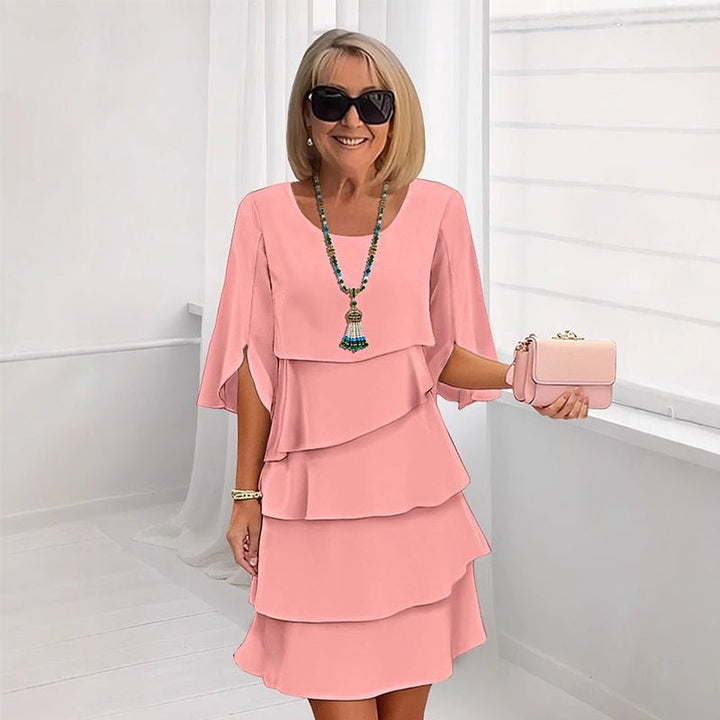 Damen Schichtkleid Puffärmel Rüschen Elegant Midi - Rosa
