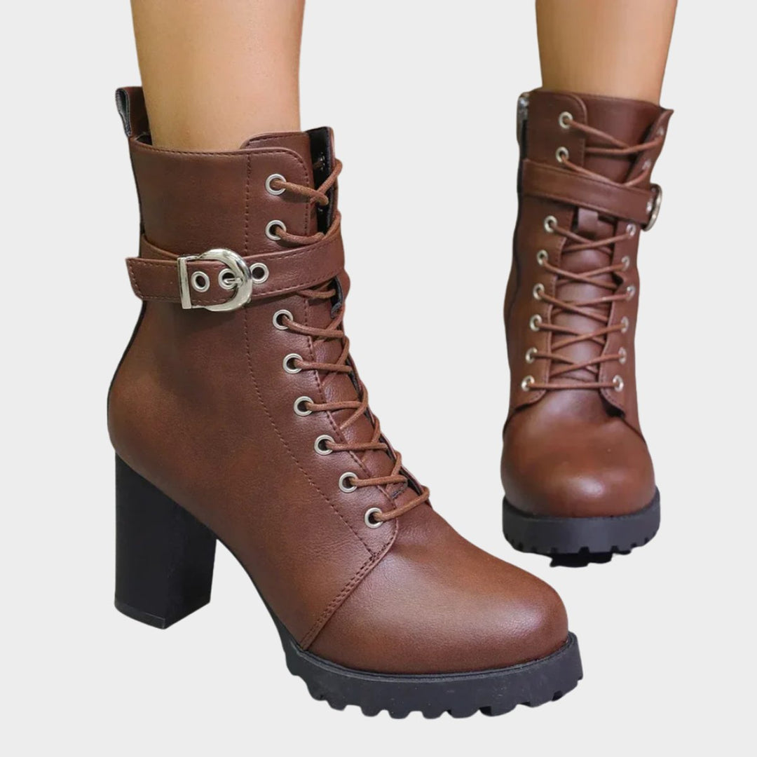 Damen Schnür-Ankle-Boots mit Blockabsatz Schnalle Reißverschluss - Braun