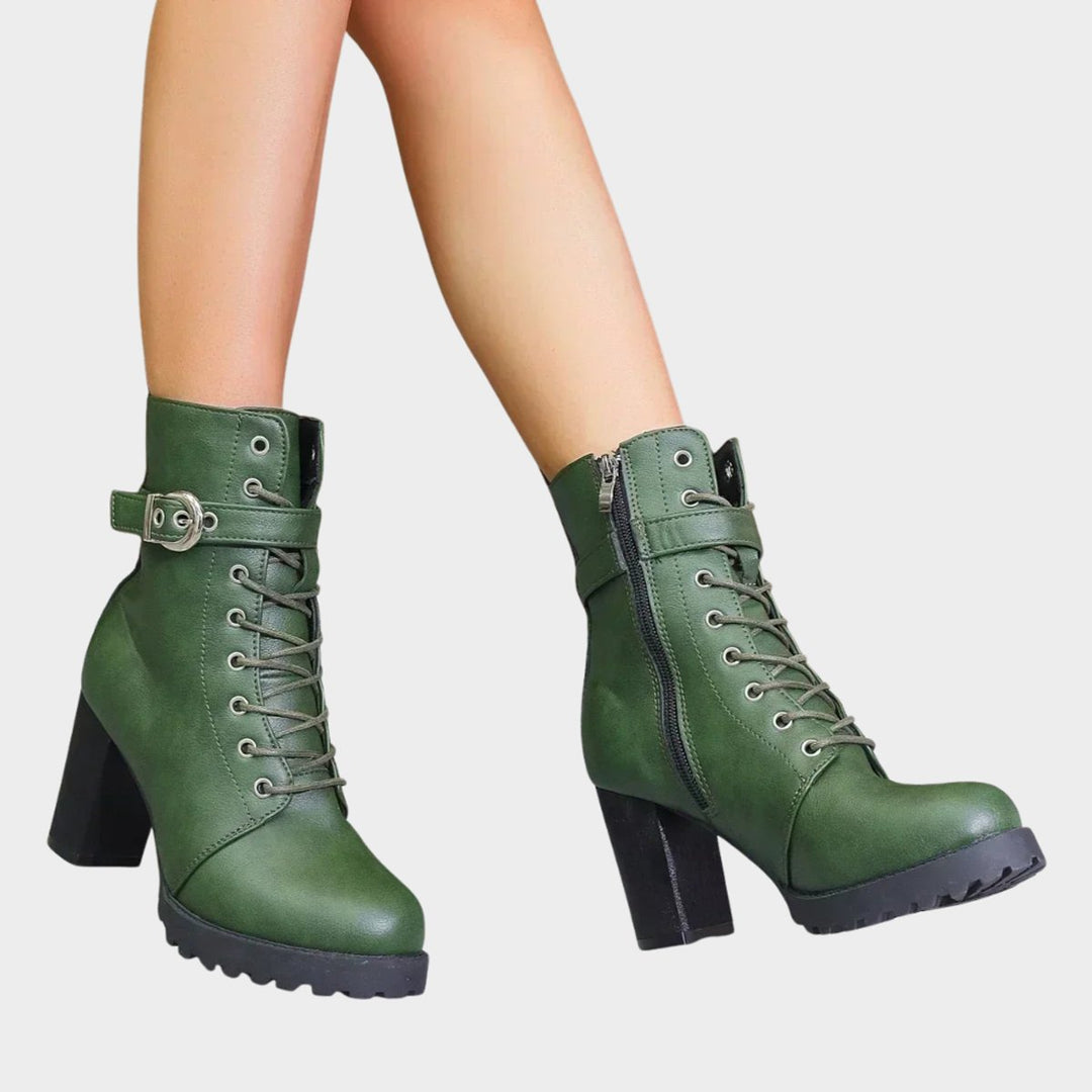 Damen Schnür-Ankle-Boots mit Blockabsatz Schnalle Reißverschluss