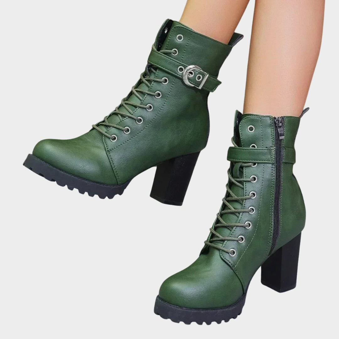 Damen Schnür-Ankle-Boots mit Blockabsatz Schnalle Reißverschluss - Grün