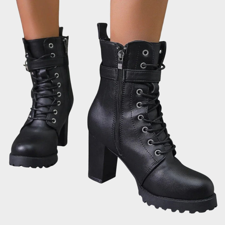 Damen Schnür-Ankle-Boots mit Blockabsatz Schnalle Reißverschluss - Schwarz