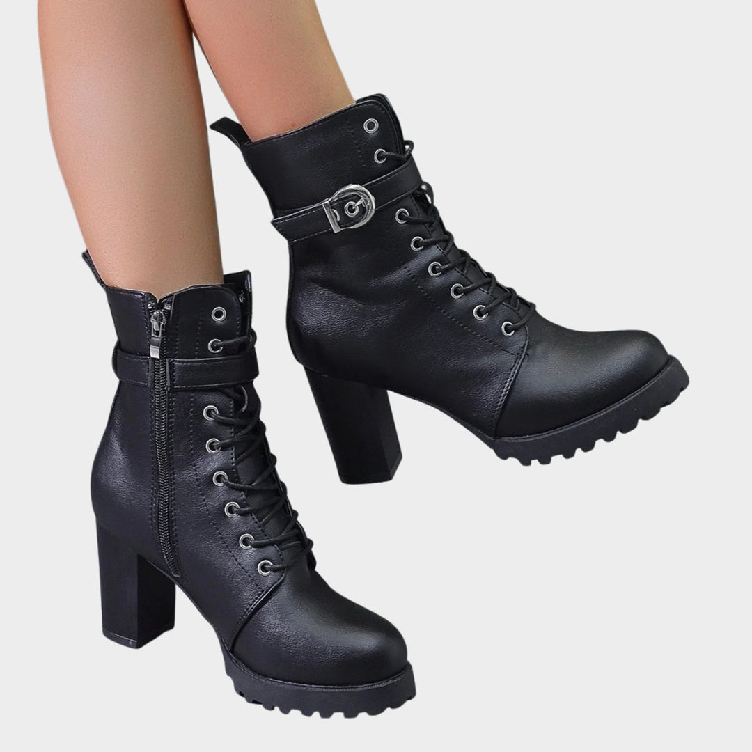 Damen Schnür-Ankle-Boots mit Blockabsatz Schnalle Reißverschluss