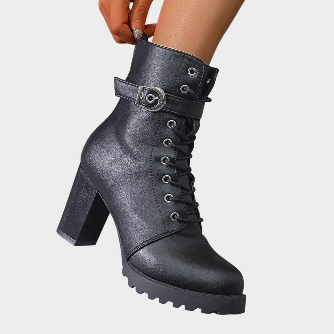 Damen Schnür-Ankle-Boots mit Blockabsatz Schnalle Reißverschluss