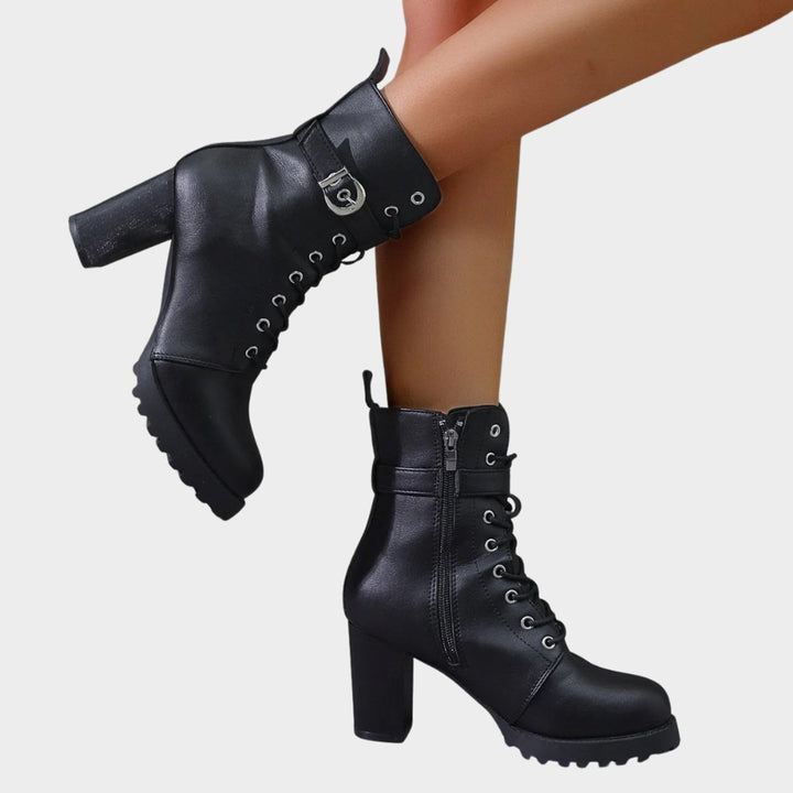 Damen Schnür-Ankle-Boots mit Blockabsatz Schnalle Reißverschluss