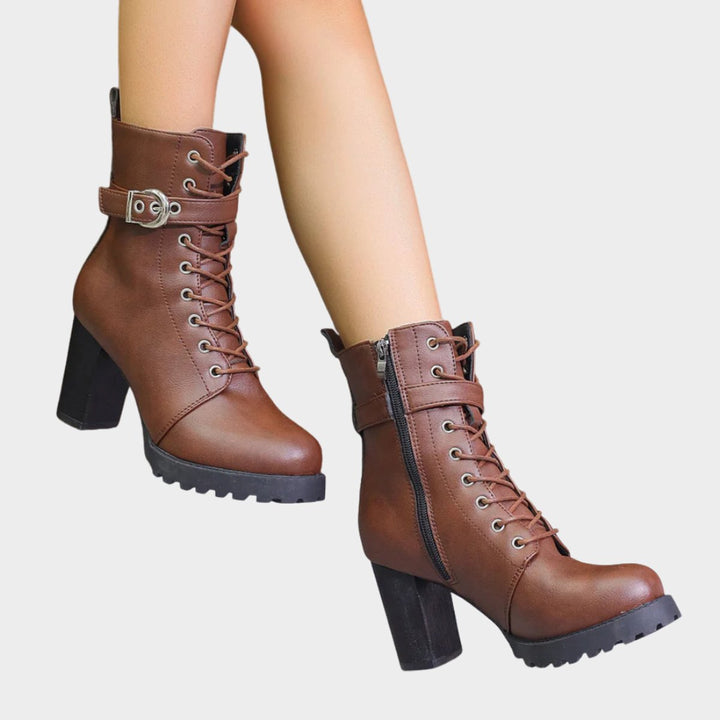 Damen Schnür-Ankle-Boots mit Blockabsatz Schnalle Reißverschluss
