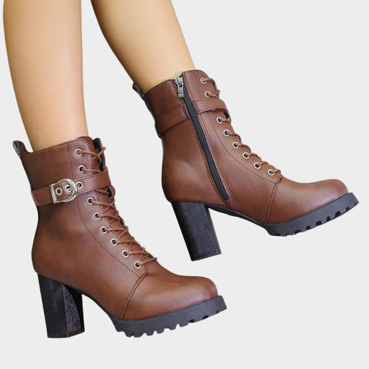 Damen Schnür-Ankle-Boots mit Blockabsatz Schnalle Reißverschluss