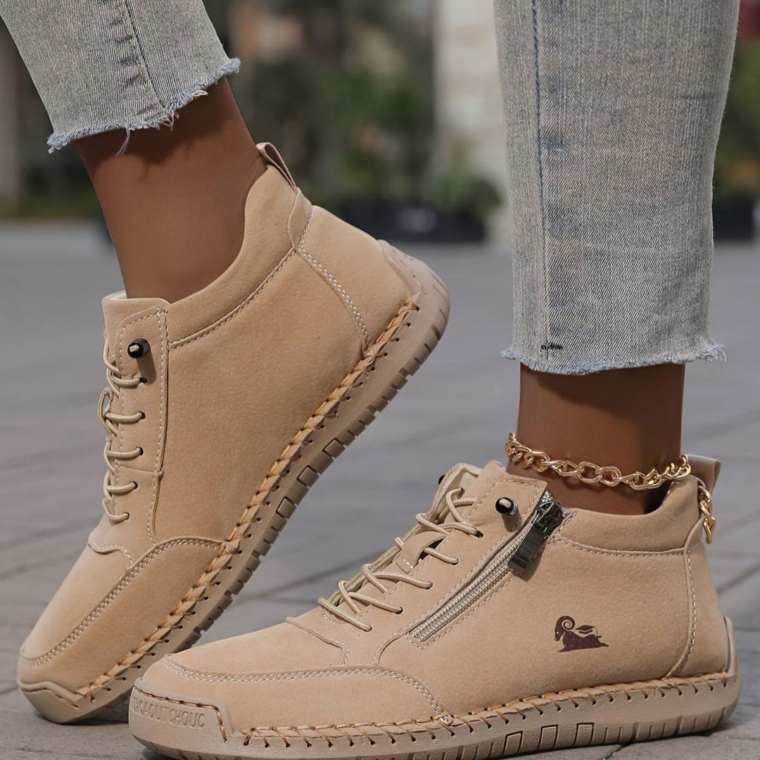 Damen Schnürschuhe mit Reißverschluss Flache Komfort-Ankle-Boots - Khaki