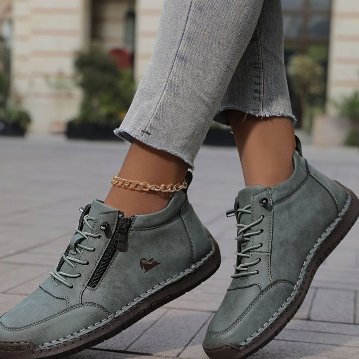 Damen Schnürschuhe mit Reißverschluss Flache Komfort-Ankle-Boots