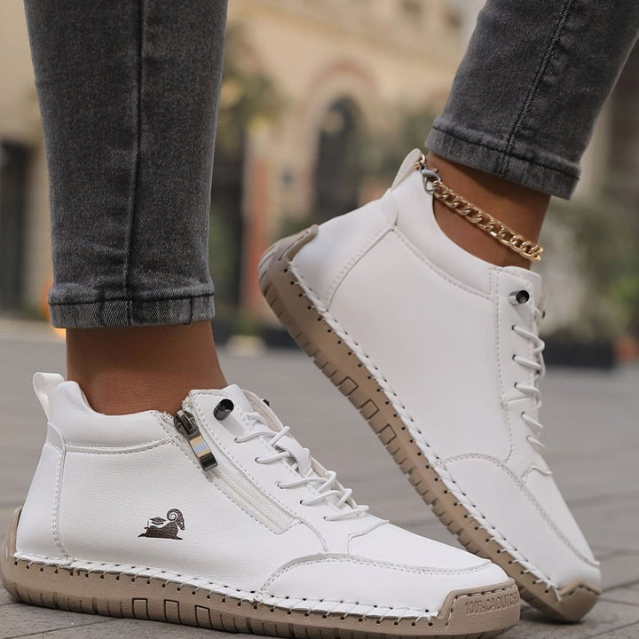 Damen Schnürschuhe mit Reißverschluss Flache Komfort-Ankle-Boots - Weiß