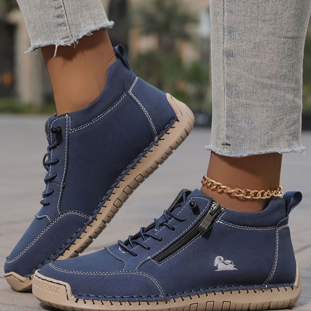 Damen Schnürschuhe mit Reißverschluss Flache Komfort-Ankle-Boots - Marineblau