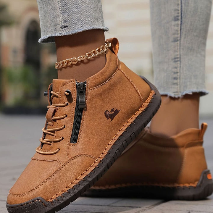 Damen Schnürschuhe mit Reißverschluss Flache Komfort-Ankle-Boots - Olivbraun