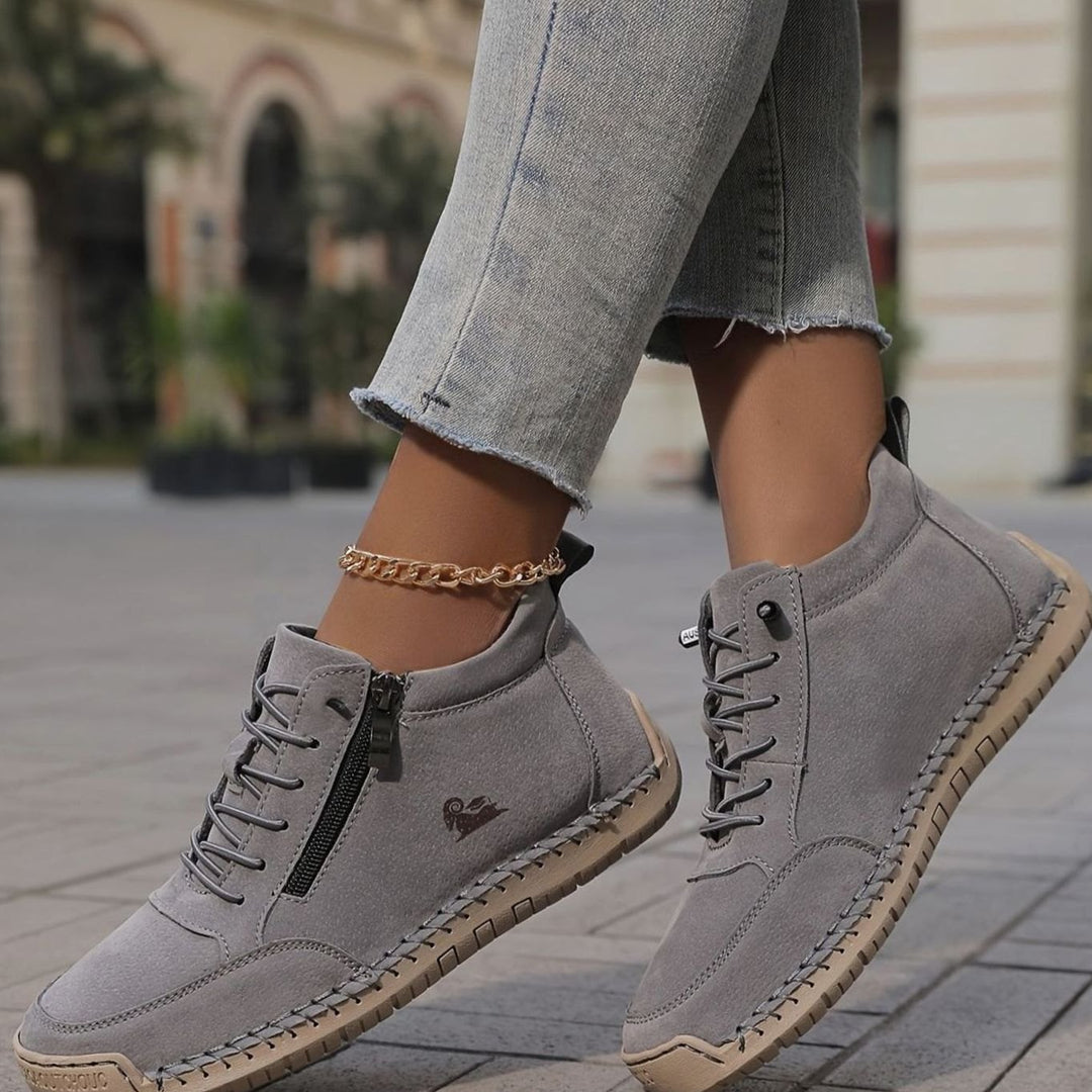 Damen Schnürschuhe mit Reißverschluss Flache Komfort-Ankle-Boots - Grau