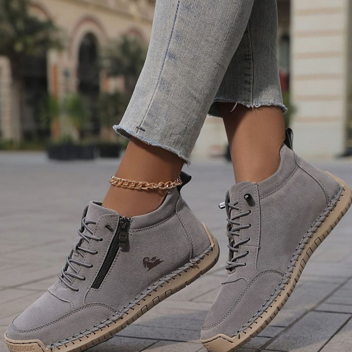Damen Schnürschuhe mit Reißverschluss Flache Komfort-Ankle-Boots - Grau