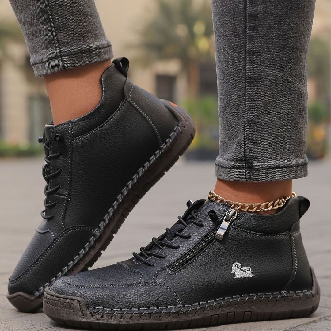 Damen Schnürschuhe mit Reißverschluss Flache Komfort-Ankle-Boots - Schwarz