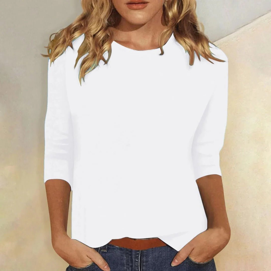 Damen Shirt 3/4 Arm Rundhals Lässiges Basic Top - White