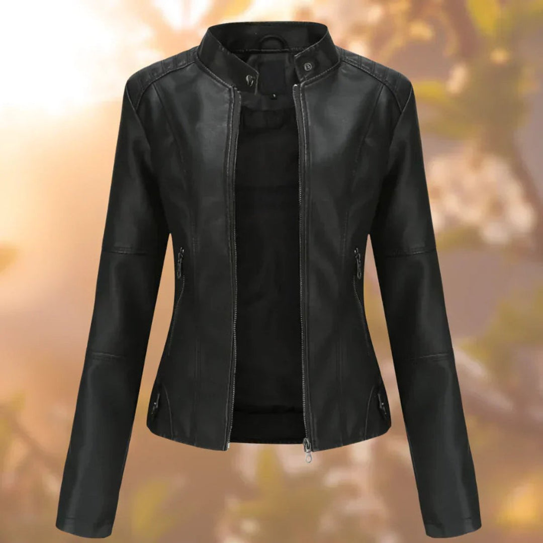 Damen Slim-Fit Bikerjacke aus Kunstleder mit Reißverschluss - Schwarz
