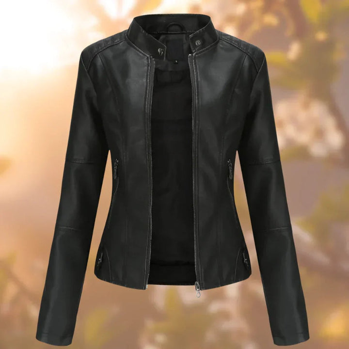 Damen Slim-Fit Bikerjacke aus Kunstleder mit Reißverschluss - Schwarz