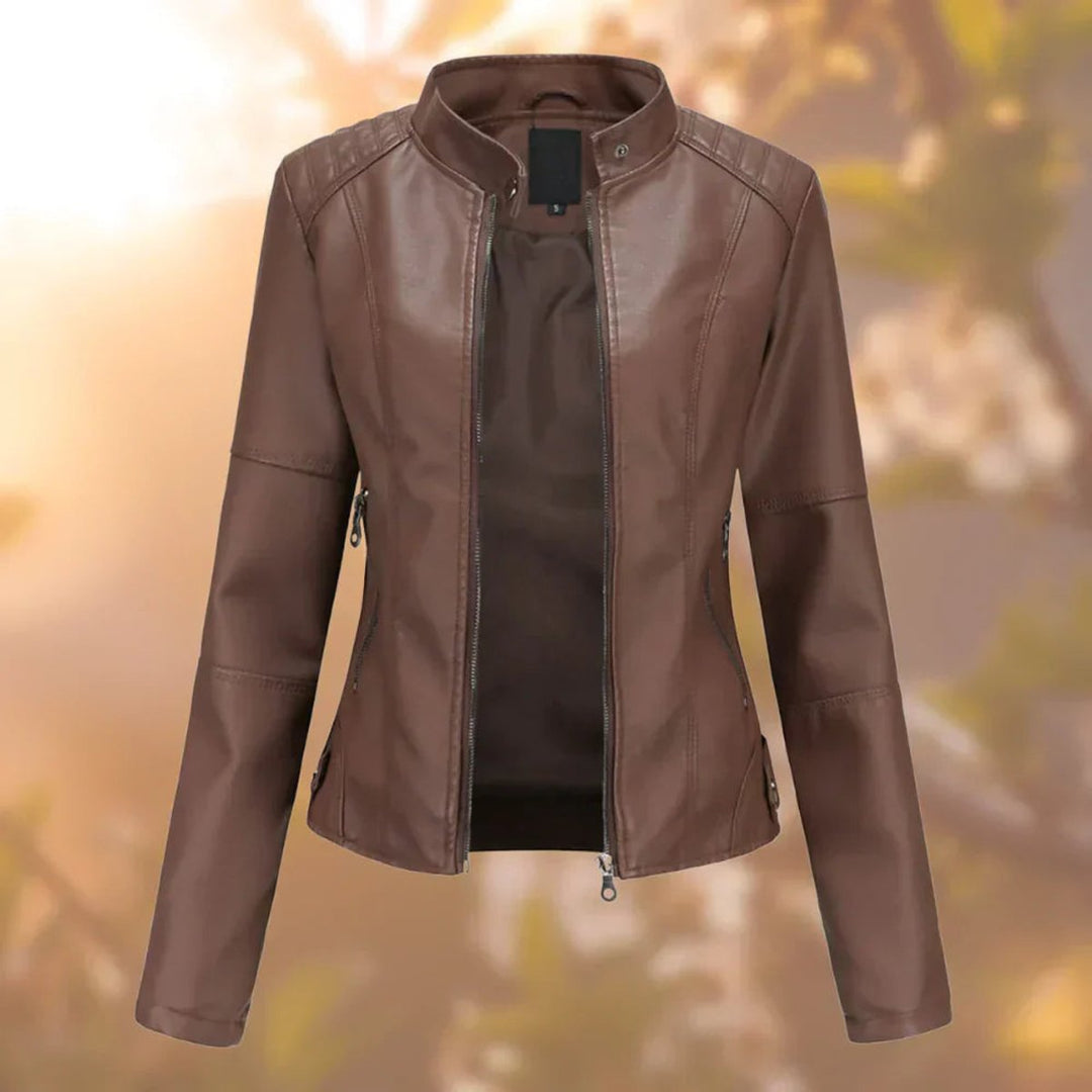 Damen Slim-Fit Bikerjacke aus Kunstleder mit Reißverschluss - Dunkelbraun