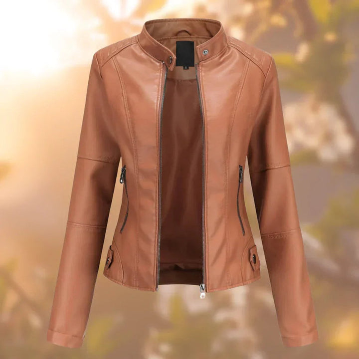 Damen Slim-Fit Bikerjacke aus Kunstleder mit Reißverschluss - Braun