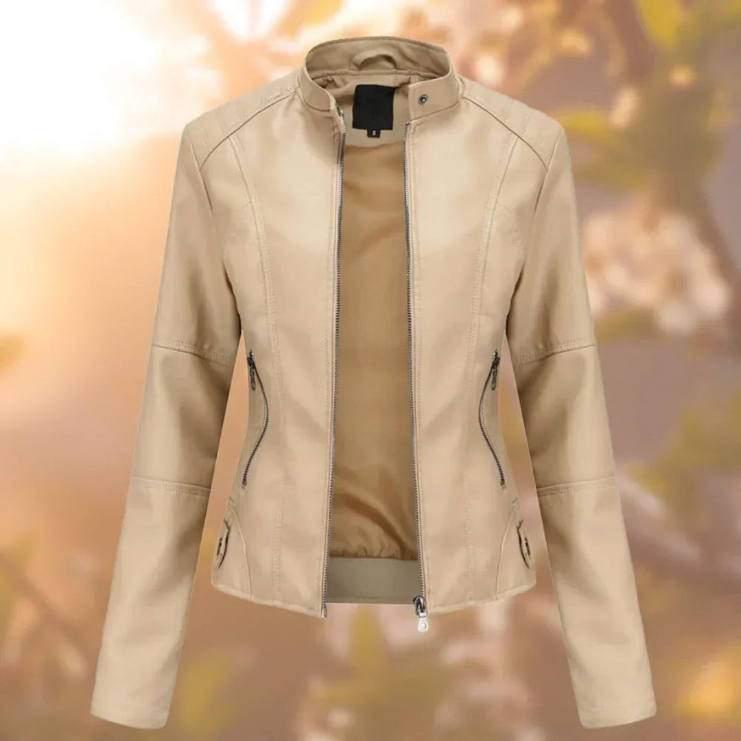 Damen Slim-Fit Bikerjacke aus Kunstleder mit Reißverschluss - Beige
