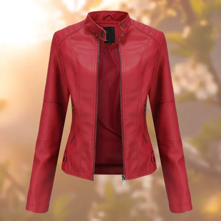 Damen Slim-Fit Bikerjacke aus Kunstleder mit Reißverschluss - Rot