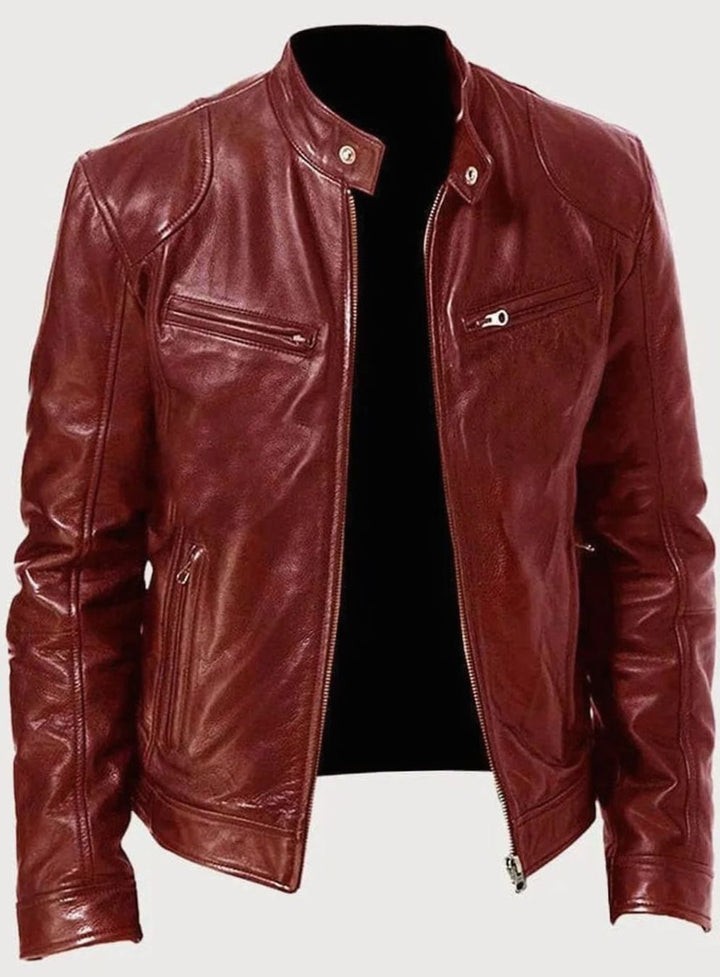 Damen Slim-Fit Moto Lederjacke mit Stehkragen Reißverschluss - Rot